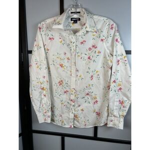 Lands End Women's Button Up White Floral No Iron Cotton Blouse Size 4